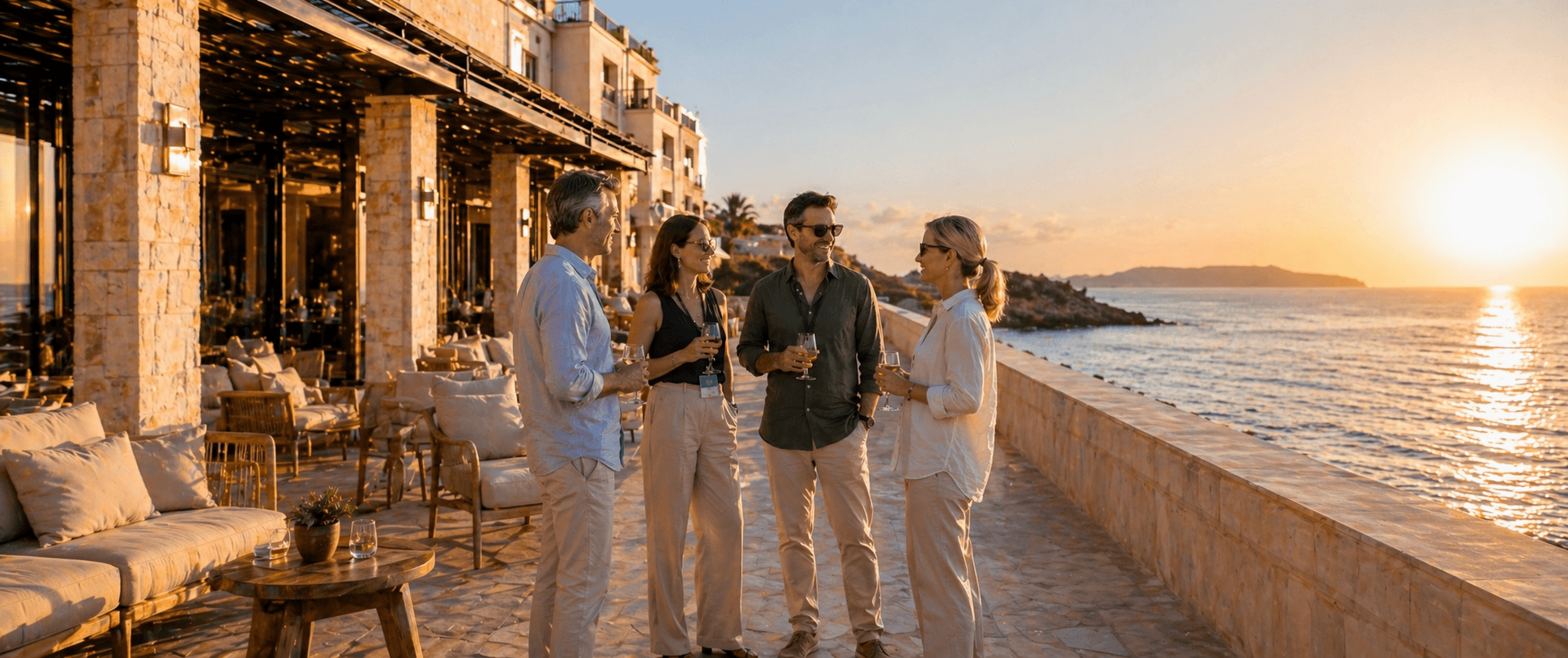 Evening on a Mallorca terrace: guests in conversation above the sea at sunset