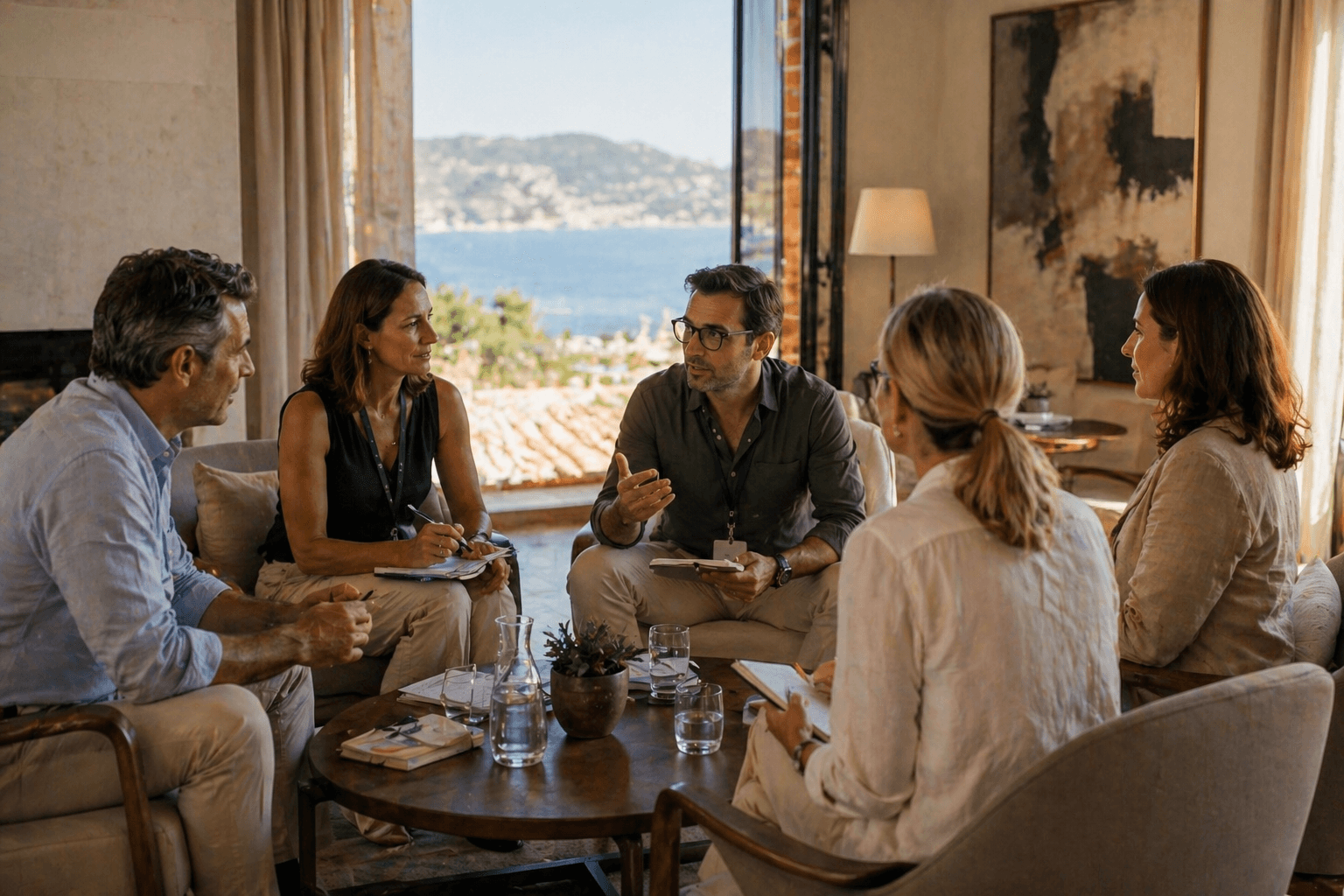 Focused discussion in a bright room with a view of the Mediterranean coast